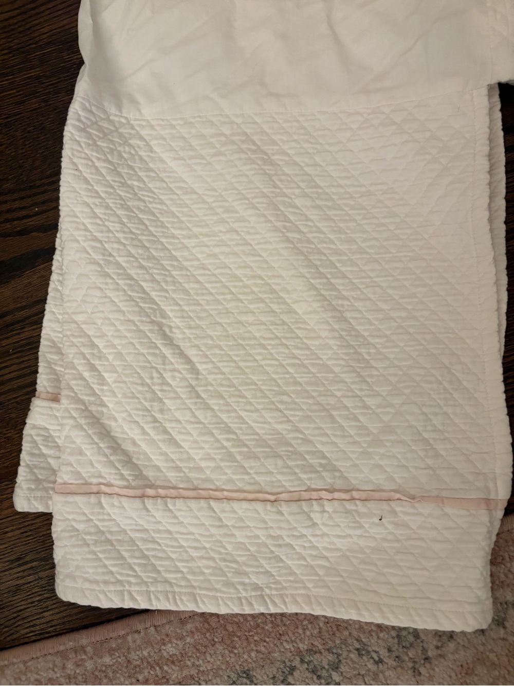 Restoration Hardware Crib Skirt white quilt and pink.